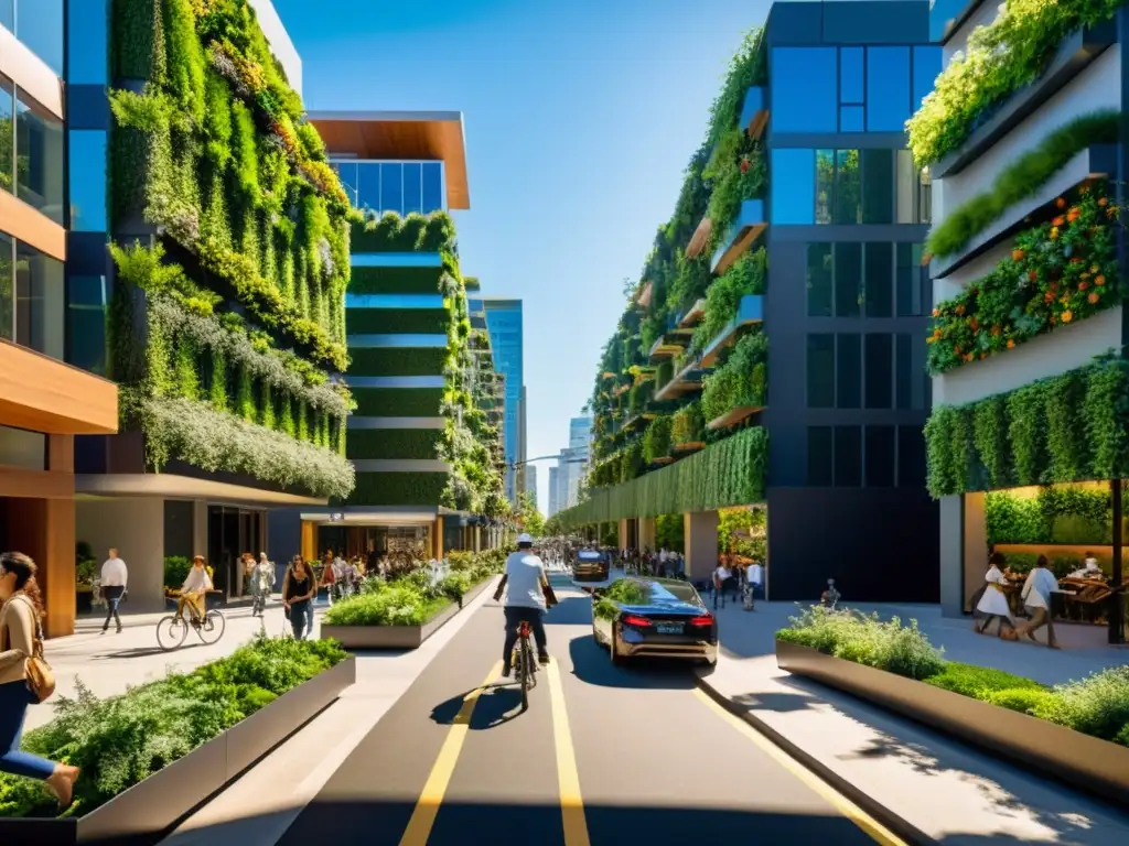 Una bulliciosa calle de la ciudad llena de edificios ecológicos, jardines verticales y paneles solares