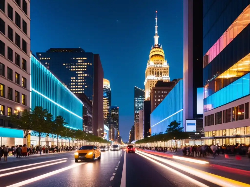 Una bulliciosa calle de la ciudad por la noche, llena de energía y movimiento, iluminada por luces de vehículos y farolas