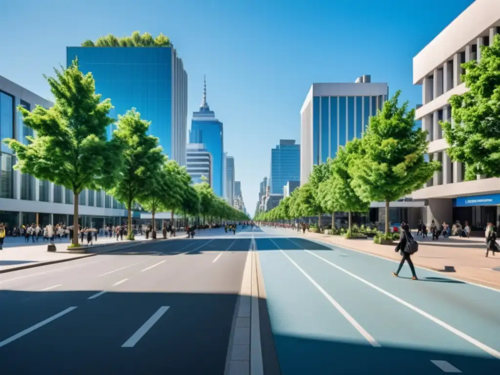 Una bulliciosa calle de la ciudad con peatones caminando en amplias aceras, rodeada de árboles y edificios modernos