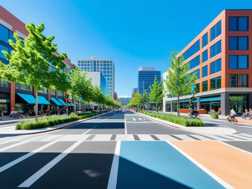 Un bullicioso escenario urbano con aceras amplias, carriles bici y zonas verdes, reflejando un diseño urbano sostenible y amigable para peatones