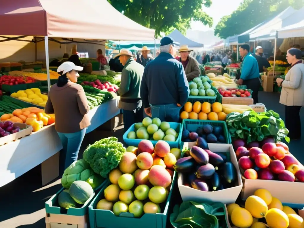 Un bullicioso mercado agrícola repleto de frutas, verduras y productos locales