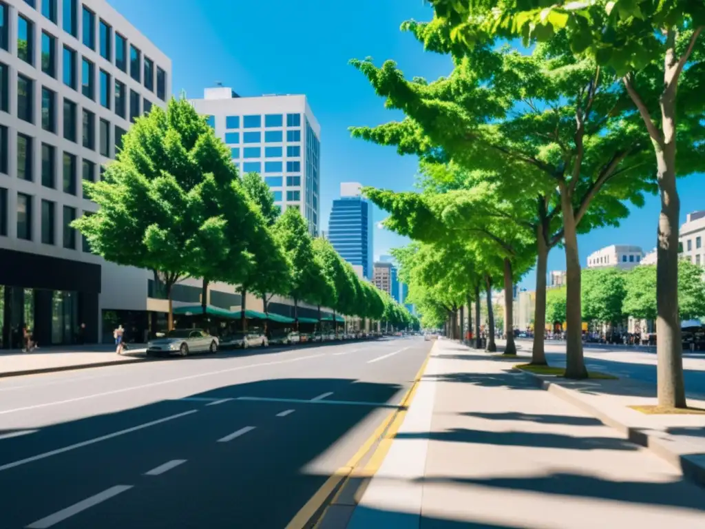 Un bullicioso paisaje urbano con altos edificios a ambos lados y árboles recortados a lo largo de la acera