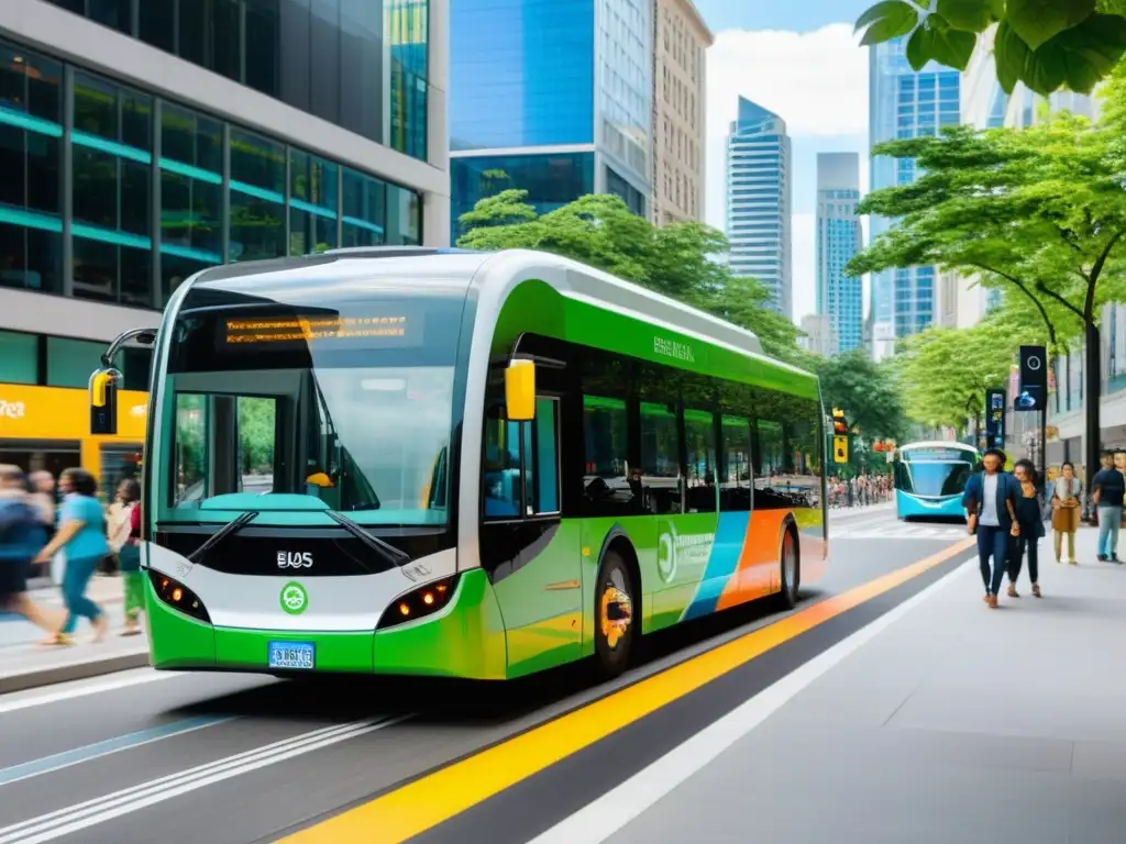 Un bullicioso paisaje urbano con un moderno autobús eléctrico promoviendo Experiencias transporte público sostenible