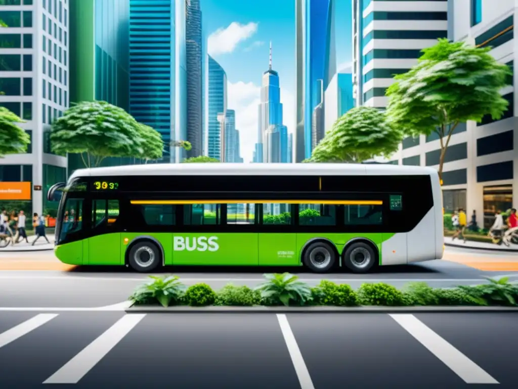 Un bus eléctrico moderno con arte sostenible circula entre rascacielos futuristas y vegetación exuberante en una bulliciosa calle de la ciudad