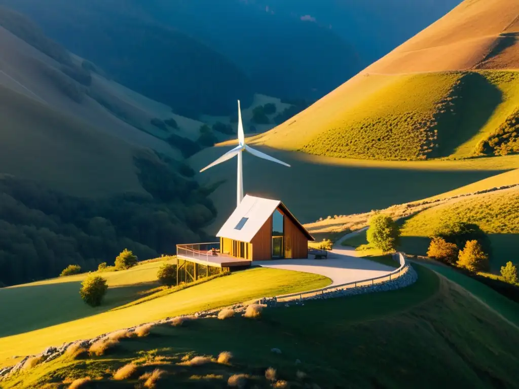 Una cabaña moderna en el valle con un elegante molino de viento al fondo, bañada por la cálida luz del atardecer