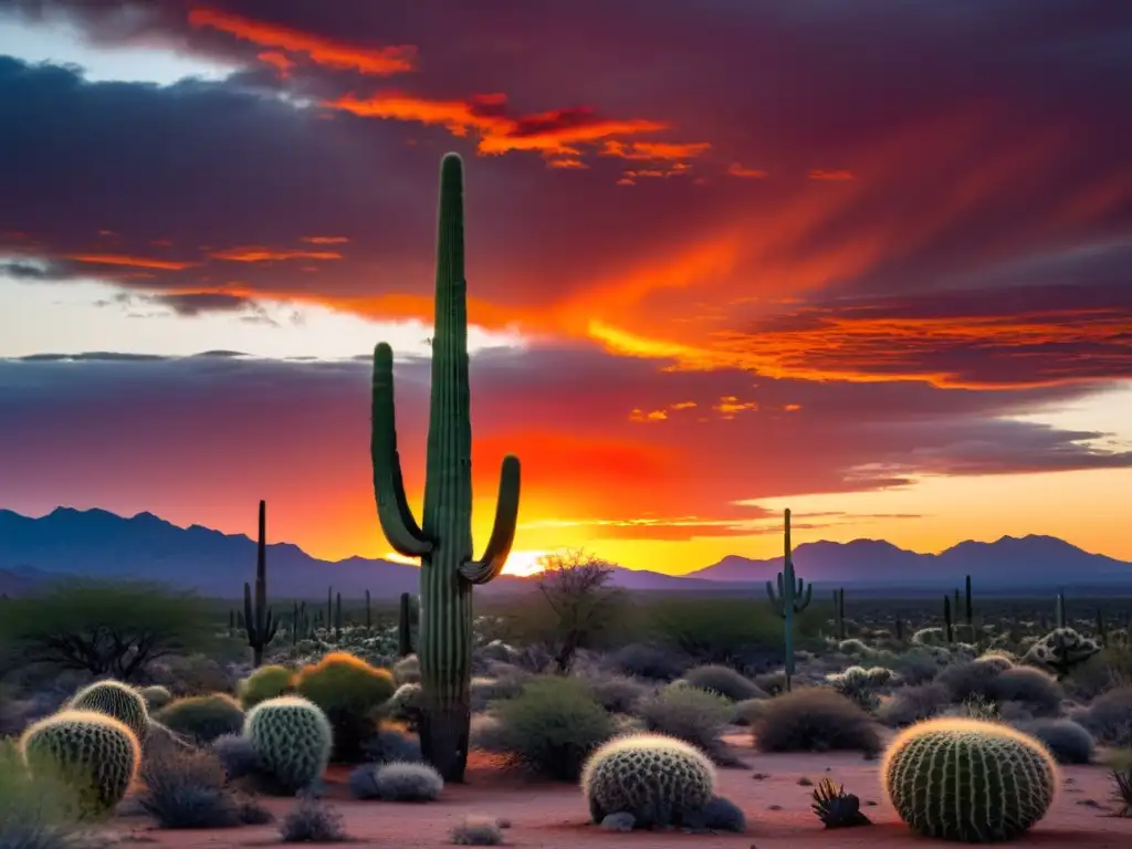 Un cactus solitario destaca en un paisaje desértico al atardecer, simbolizando la permacultura en climas áridos sostenible