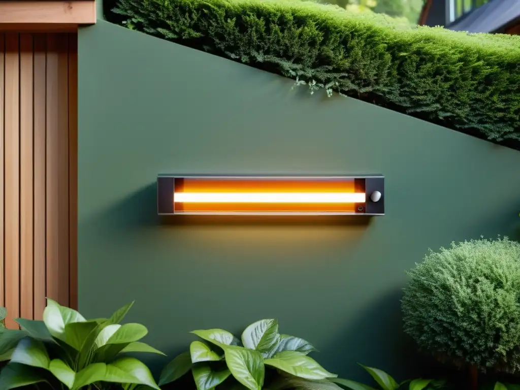 Calor eficiente en jardín verde: calefactor infrarrojo moderno Un calefactor infrarrojo minimalista en un jardín verde, brindando calor eficiente