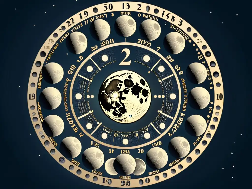 Calendario lunar para siembra: Detallado diseño lunar en un fondo estrellado, resaltando las fases de la luna para siembra y cosecha