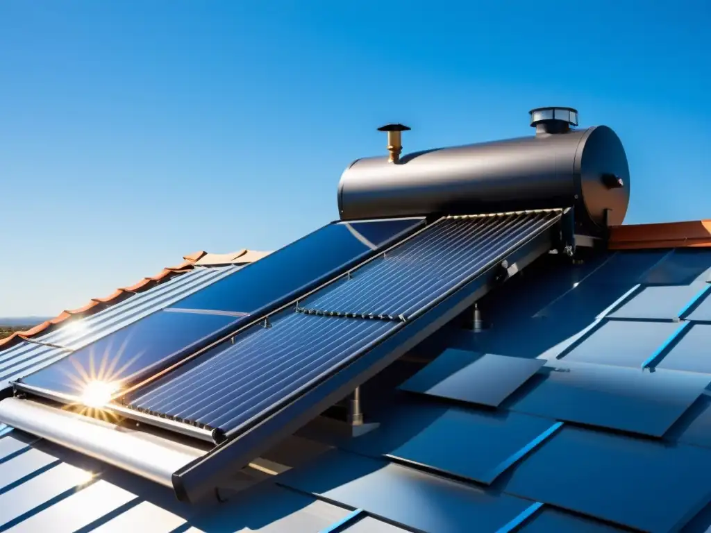 Calentador solar de agua en un hogar ecológico moderno, integrado en el techo