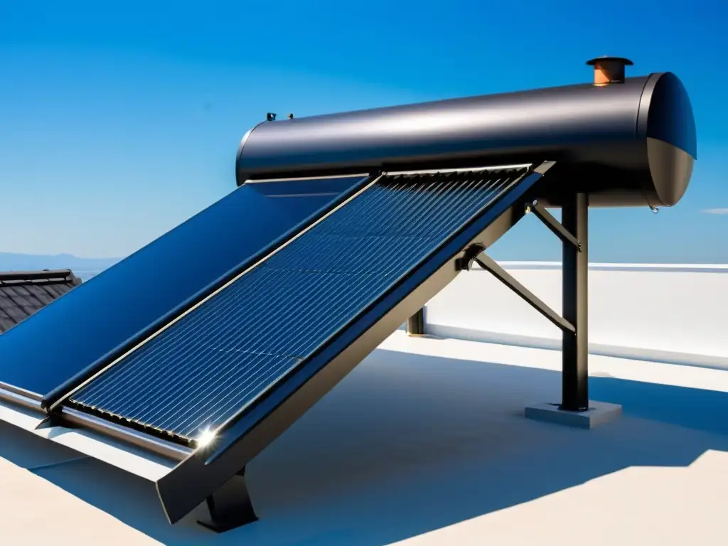 Un calentador solar de agua en un techo residencial, con paneles negros orientados al sol y un cielo azul despejado