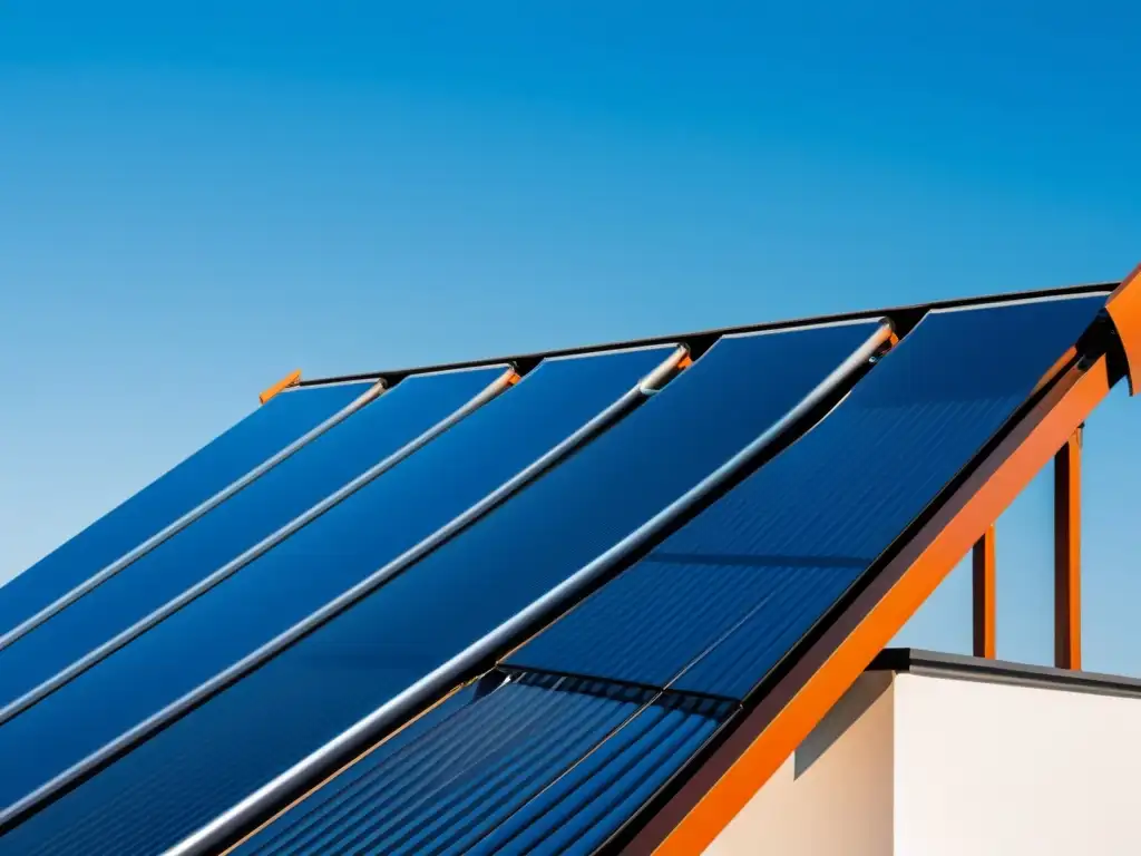 Calentador solar de agua en un techo moderno, reflejando el sol