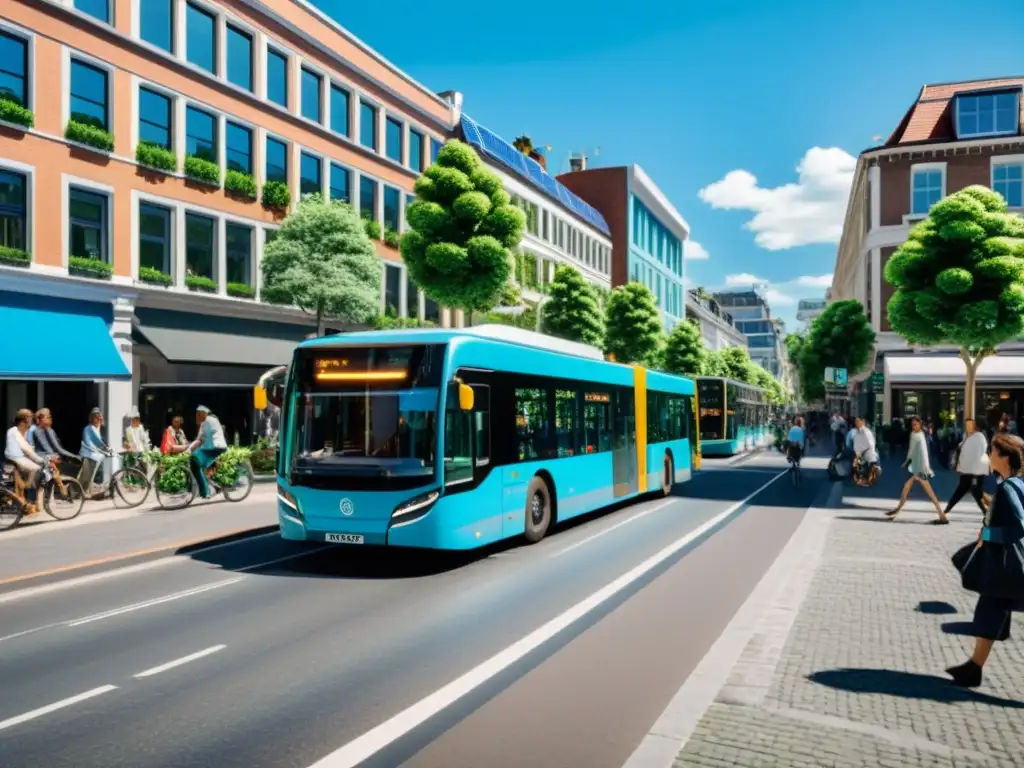 Una calle de la ciudad bulliciosa llena de peatones y ciclistas, con autobuses y coches eléctricos pasando silenciosamente