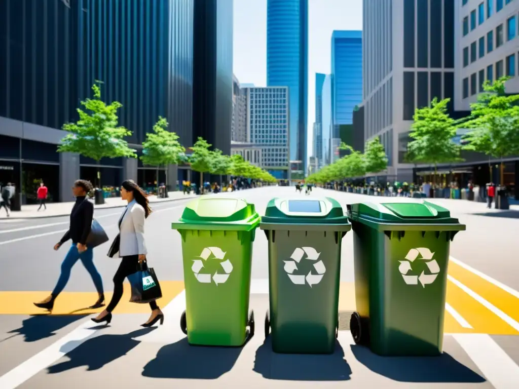 Una calle urbana bulliciosa con modernos rascacielos y contenedores de reciclaje organizados, reflejando una gestión de residuos urbanos sostenibles