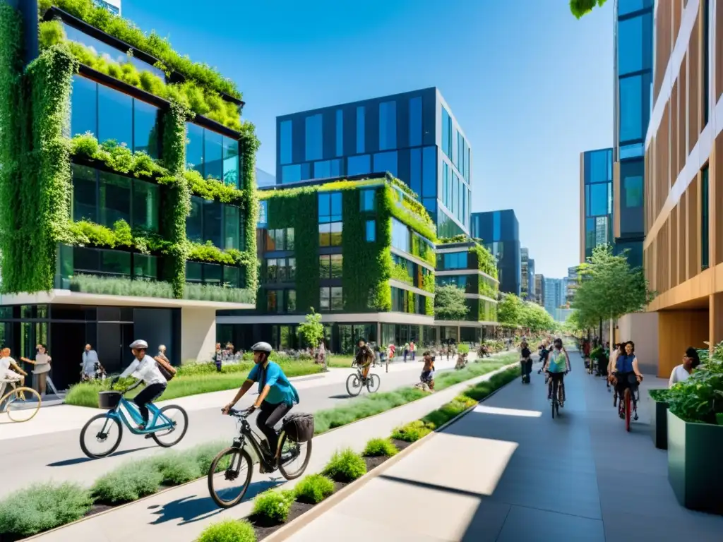 Una calle urbana llena de edificios verdes y modernos con jardines en la azotea y paneles solares