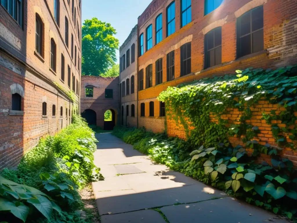 Un callejón urbano sobrecrecido bañado por el sol, donde la naturaleza reclama su espacio