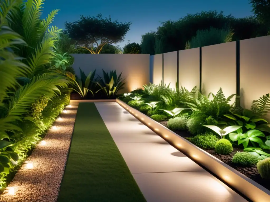 Camino iluminado con luces LED en jardín sostenible, creando armonía entre naturaleza y diseño