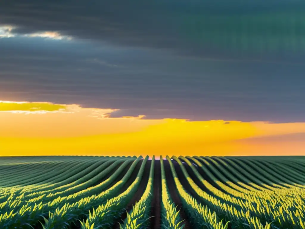 Horizonte infinito de cultivos sostenibles bañados por el sol Un campo de altos tallos verdes se extiende hasta el horizonte, bañado por el sol poniente