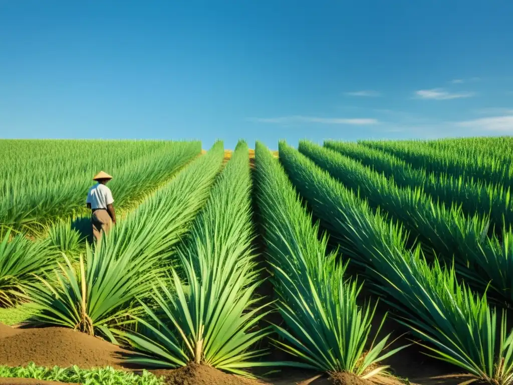 Un campo de altos y verdes cañaverales bajo un cielo azul