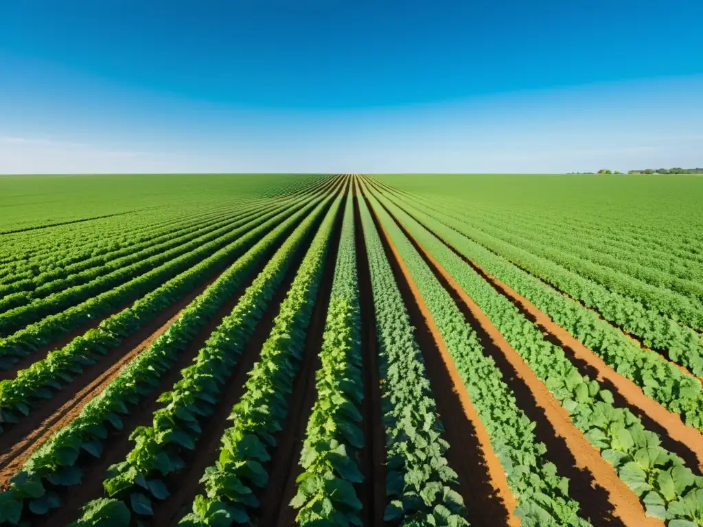 Un campo agrícola bañado por el sol con cultivos ordenados y paneles solares, muestra la armonía de la energía solar para agricultura sostenible