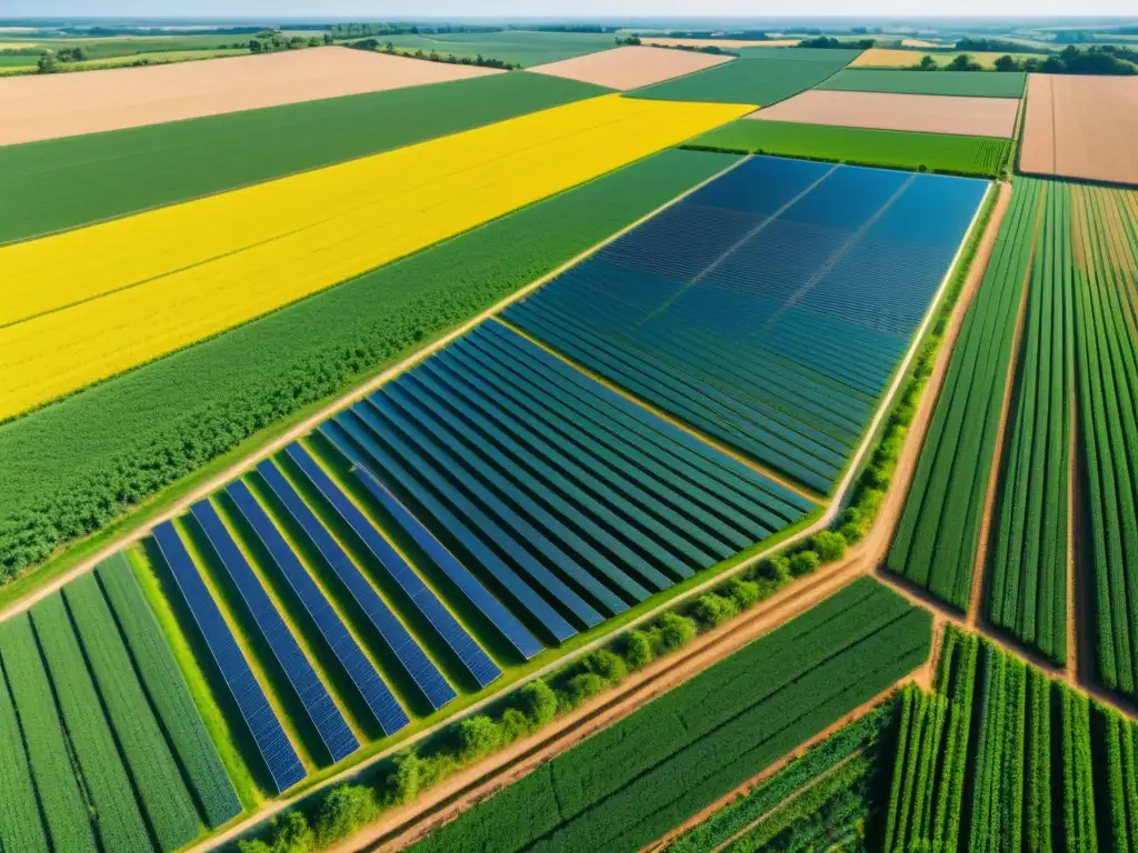 Un campo agrícola bañado por el sol con paneles solares integrados