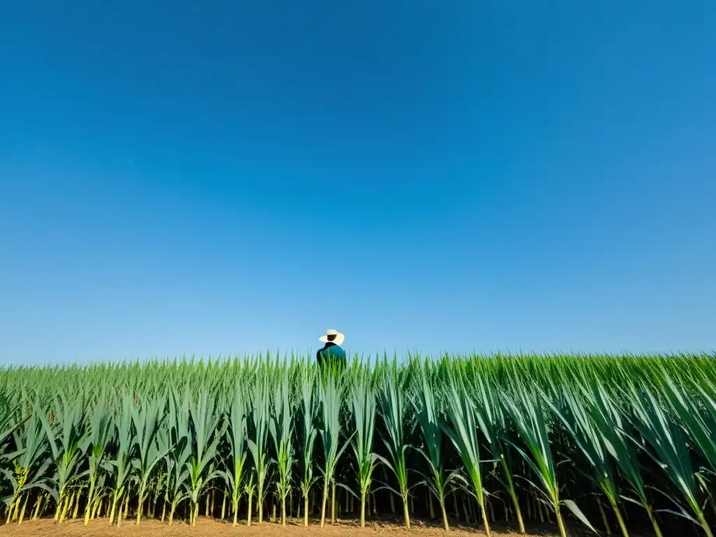 Campo de caña de azúcar bañado por el sol, con una planta de bioenergía moderna en armonía