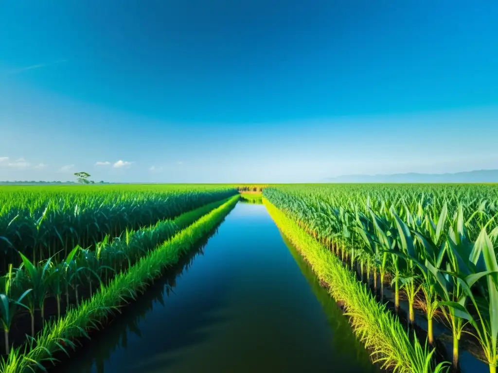 Un campo de caña de azúcar exuberante con un río cristalino y cielo azul