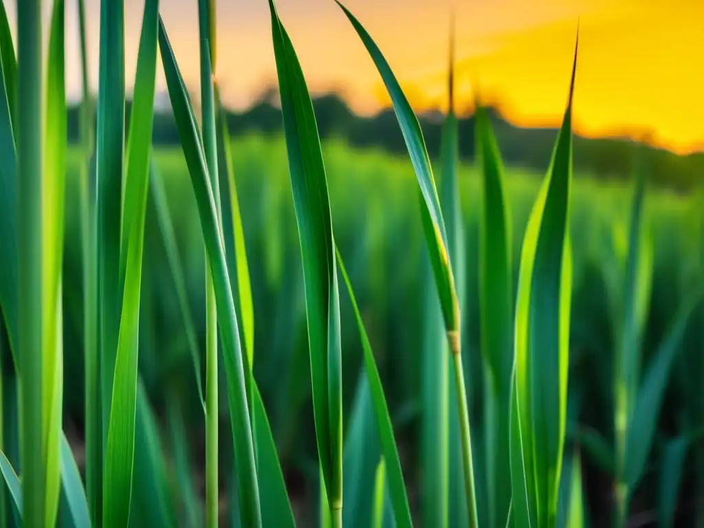 Un campo de caña de azúcar verde exuberante se mece suavemente bajo el resplandor dorado del sol poniente, evocando tranquilidad y belleza natural
