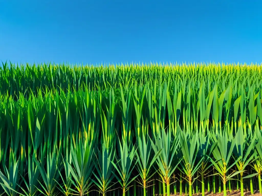 Un campo de caña de azúcar verde vibrante se extiende hasta el horizonte bajo un cielo azul claro, con el sol proyectando largas sombras a través de las hileras de cultivos