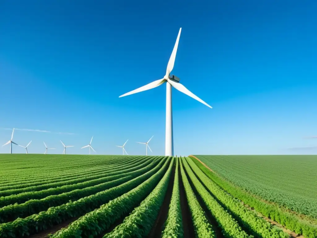 Un campo de cultivo verde y exuberante con un molino eólico moderno en el horizonte