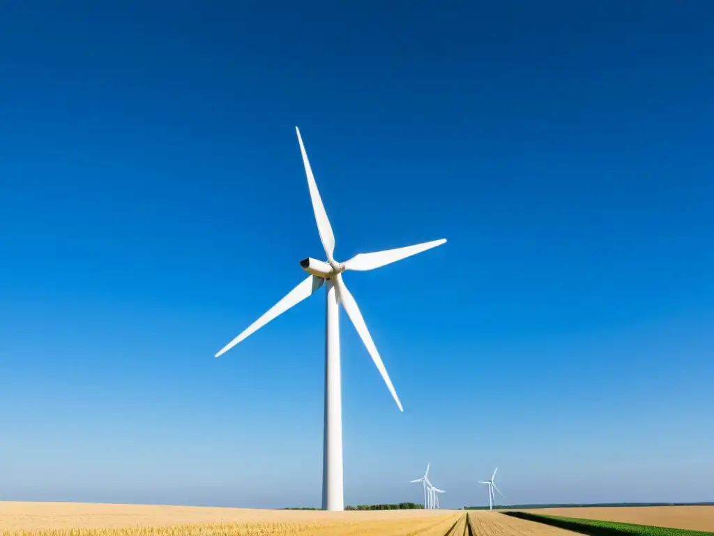 Campo dorado extenso con molino eólico moderno, simbolizando la autonomía energética para agricultores en zonas rurales