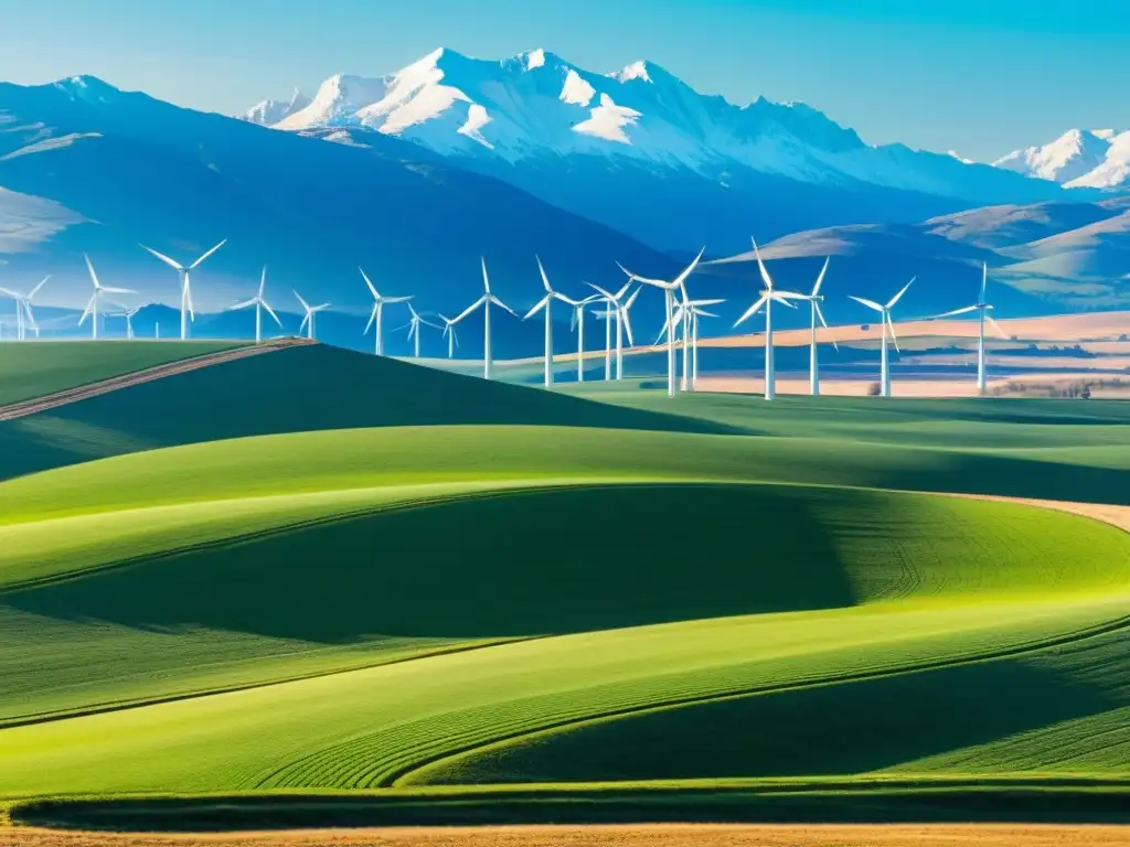 Un campo eólico moderno con turbinas blancas en filas perfectas, generando energía renovable en armonía con la naturaleza