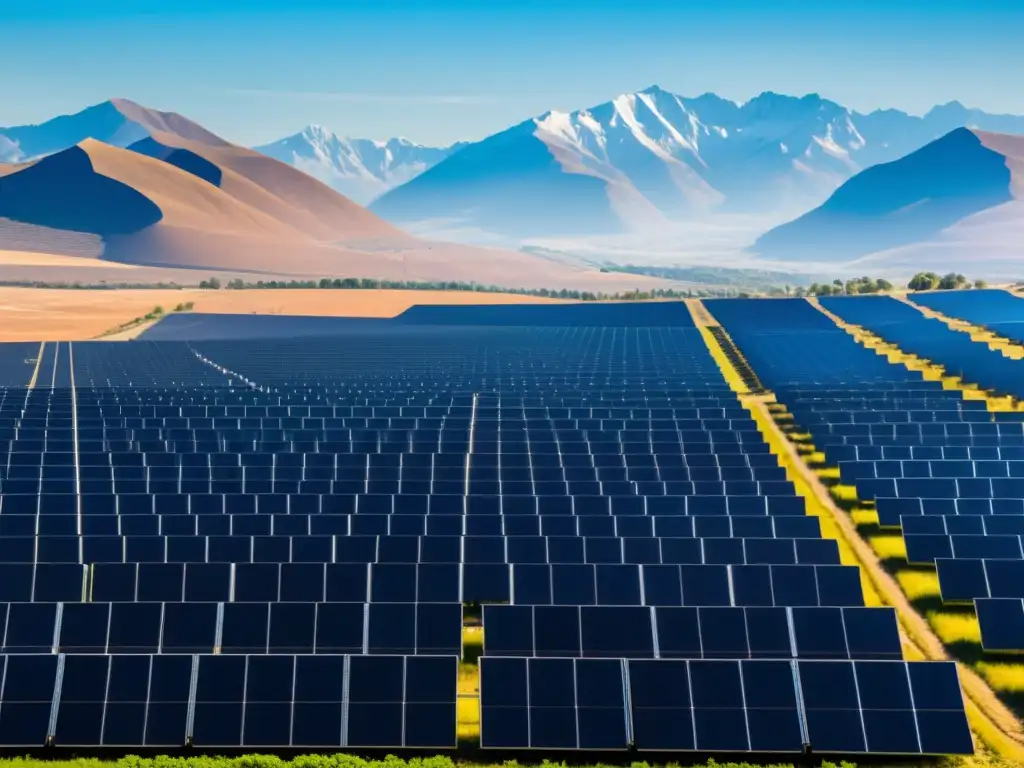 Campo solar brillante: energía renovable en acción Un campo extenso de paneles solares bajo un cielo azul despejado, reflejando la luz del sol con un patrón geométrico hipnotizante