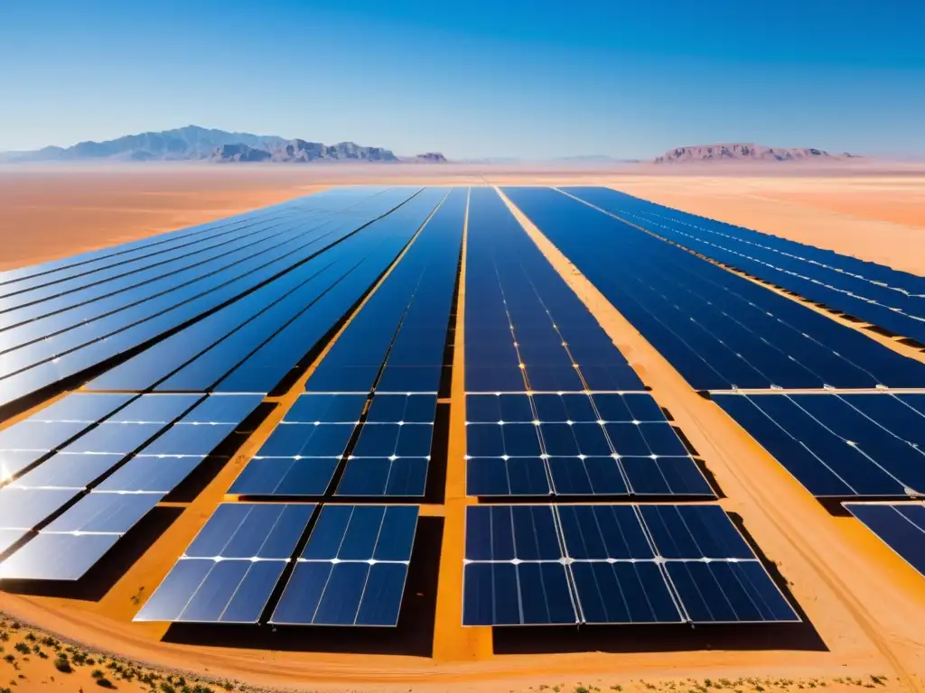 Campo extenso de paneles solares en el desierto bajo el cálido sol, destacando la conversión de calor solar en electricidad sostenible