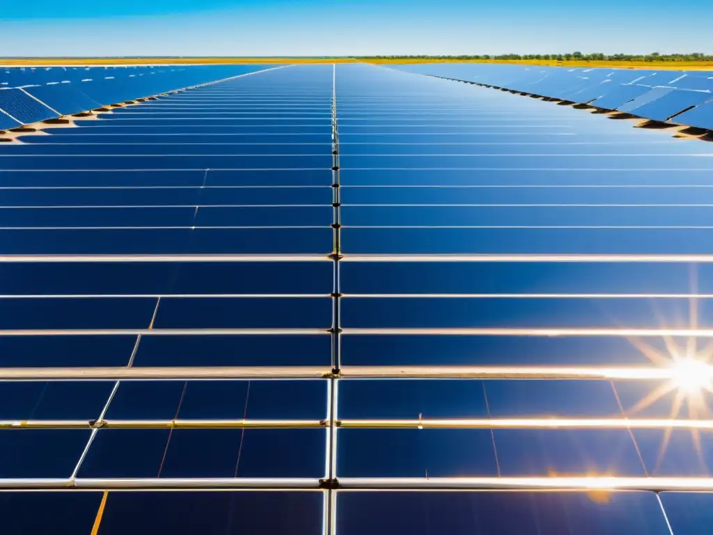 Un campo extenso de paneles solares bajo un cielo azul claro