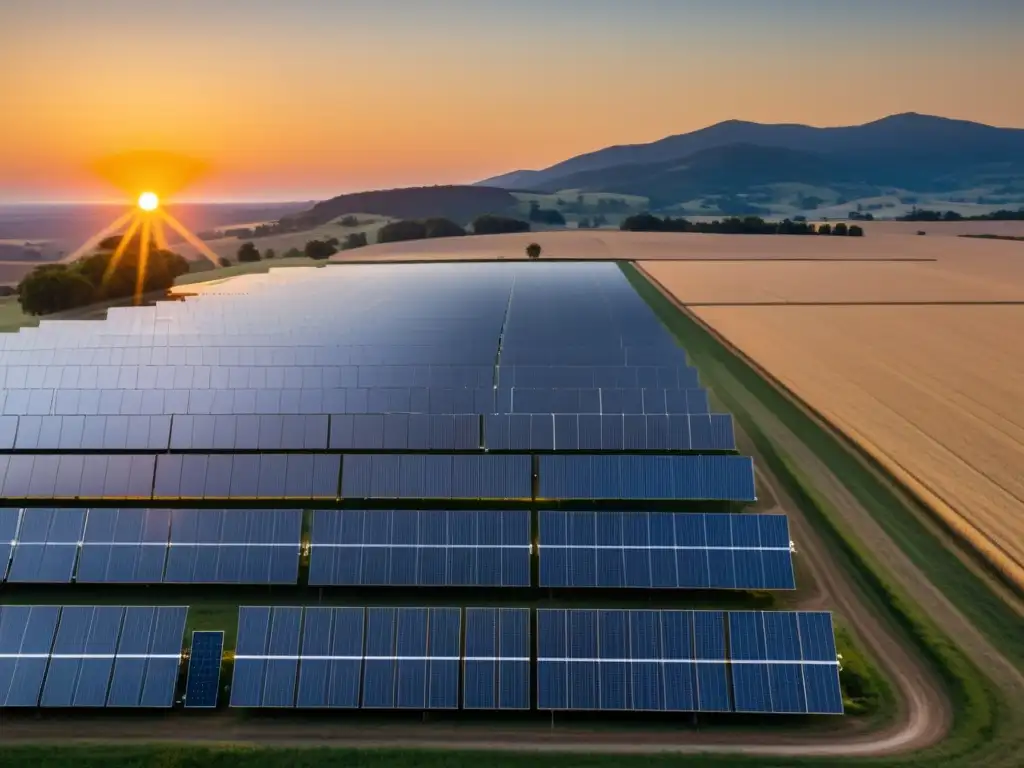 Un campo extenso con paneles solares negros en filas ordenadas, capturando la última luz del sol