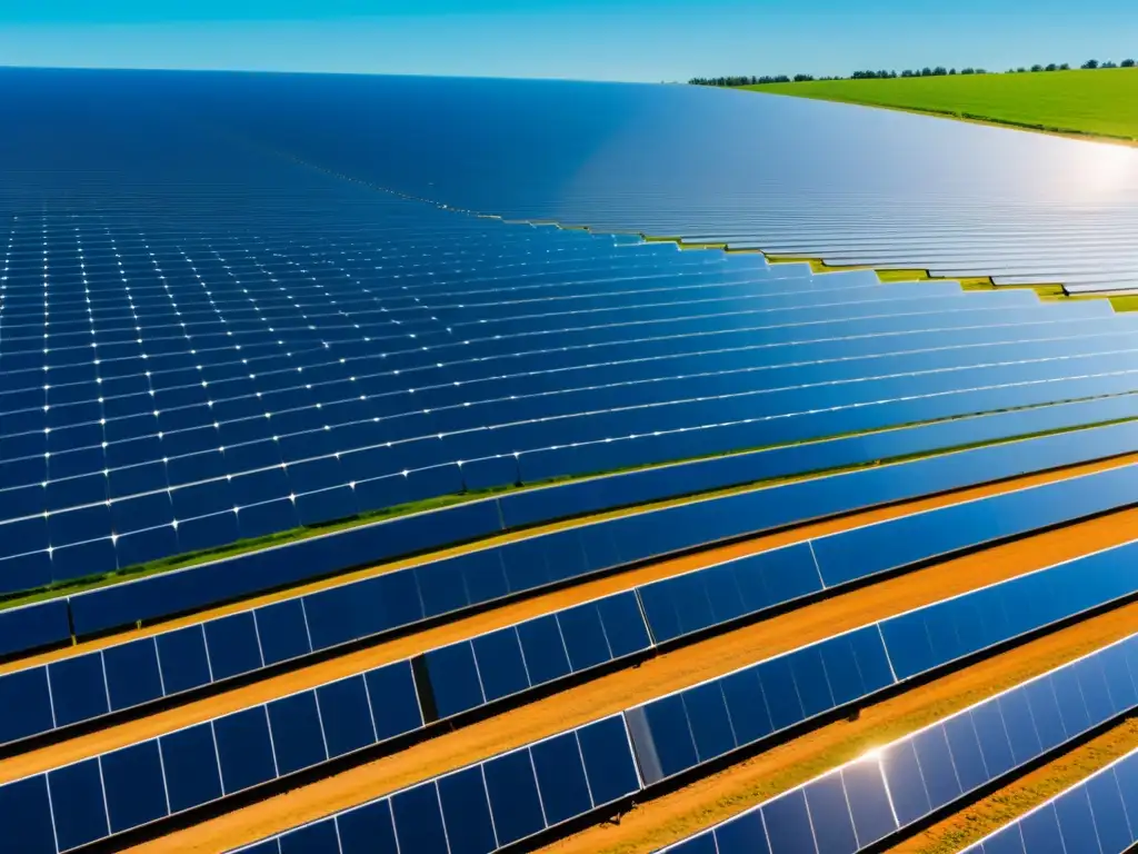 Campo solar brillante: Energía limpia y renovable en acción Un campo extenso de paneles solares bajo un cielo azul, reflejando la luz solar en un patrón geométrico impactante