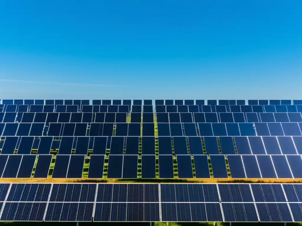 Un campo extenso de paneles solares en perfectas filas bajo un cielo azul, resaltando la armonía entre energías renovables en políticas verdes