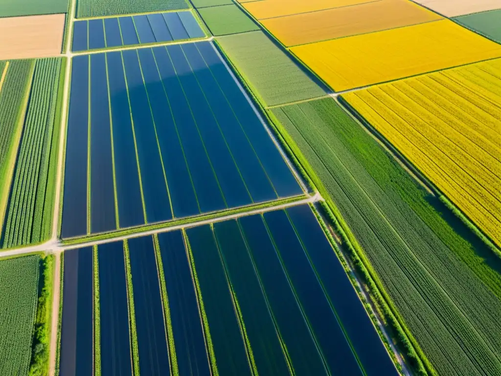 Un campo agrícola exuberante se extiende bajo el cálido sol, con paneles solares integrados en la distancia