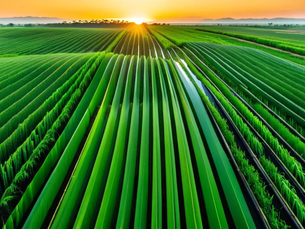 Un campo exuberante de caña de azúcar al atardecer, transmitiendo tranquilidad y sostenibilidad