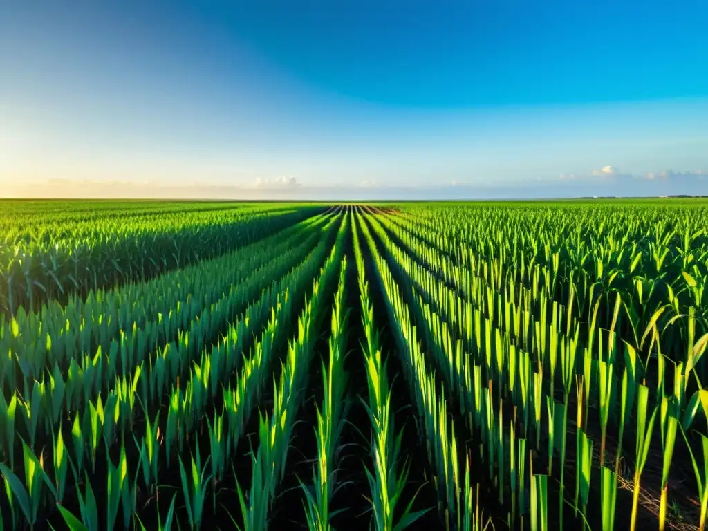 Un campo exuberante de caña de azúcar con un cielo azul y sol radiante