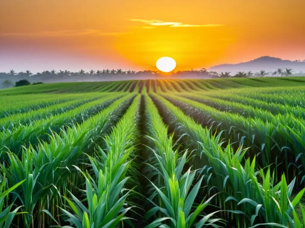 Un campo exuberante de caña de azúcar se extiende hasta el horizonte, con el sol poniéndose en el fondo y bañando el paisaje con una cálida luz dorada