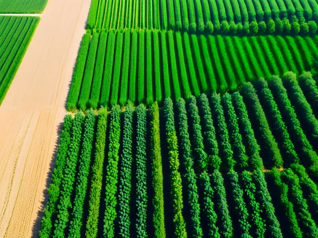 Un campo exuberante con cultivos de cobertura como trébol, centeno y veza, bañado por la luz del sol