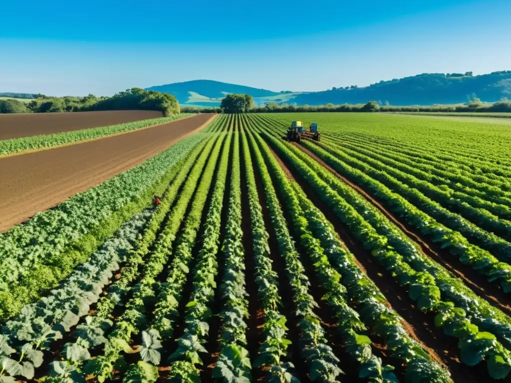 Un campo exuberante con cultivos saludables bajo el sol, enriquecido con compostaje para recuperar suelos degradados