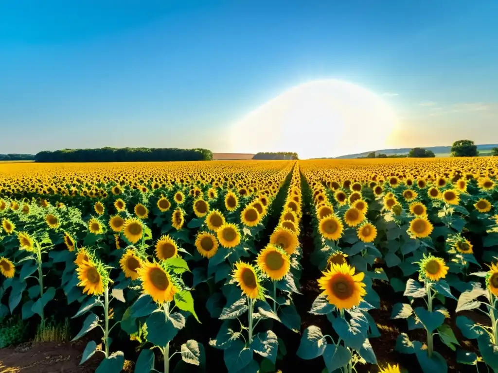 Un campo exuberante de girasoles bañado por el cálido sol, abejas danzando entre las flores