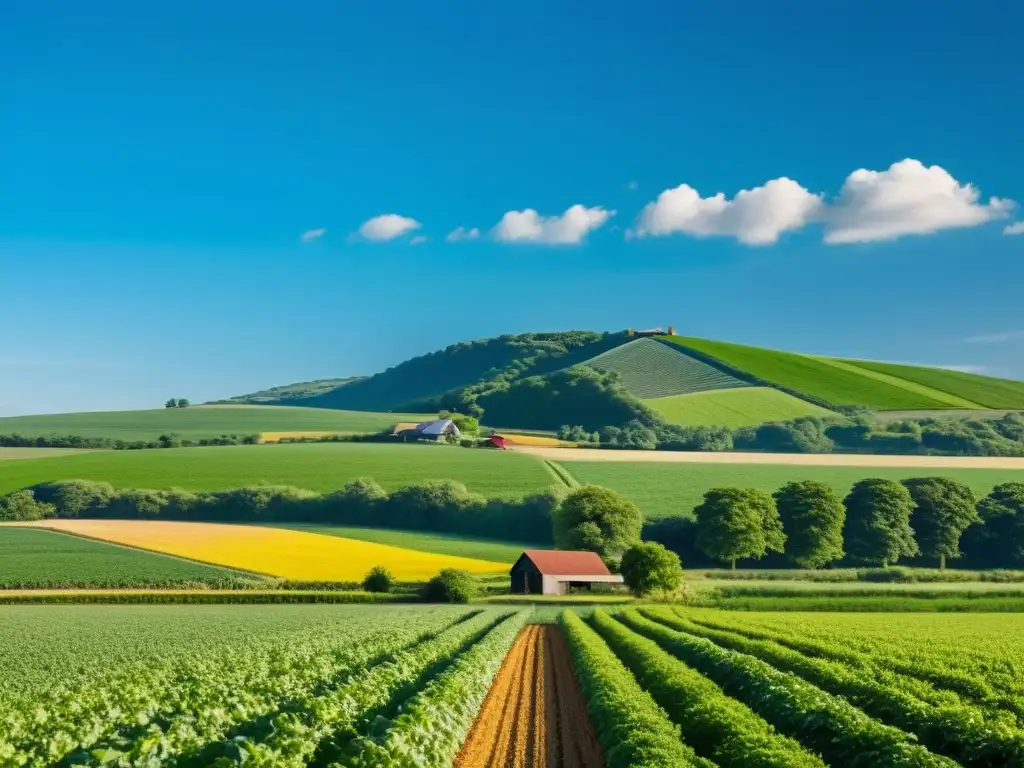 Un campo agrícola exuberante se extiende hasta el horizonte bajo un cielo azul claro, con una pequeña casa de campo en la distancia