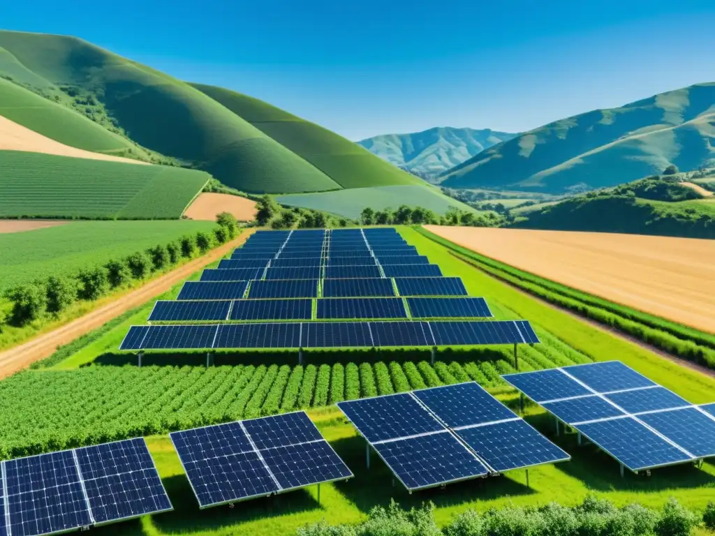 Un campo agrícola exuberante con paneles solares relucientes, bajo un cielo azul