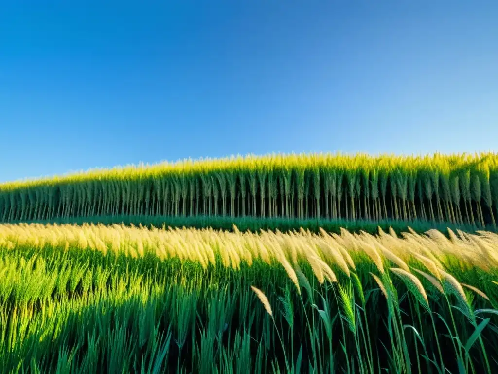 Un campo exuberante de miscanthus bajo el sol, con biodiversidad vibrante