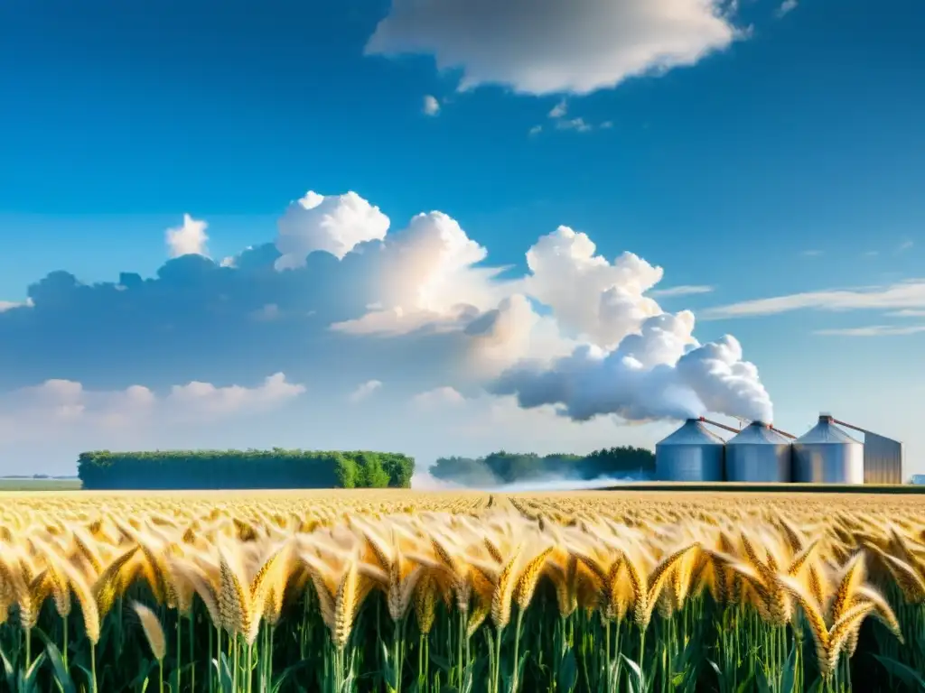 Un campo exuberante de trigo dorado bajo el sol, con una planta agroindustrial sostenible en el fondo