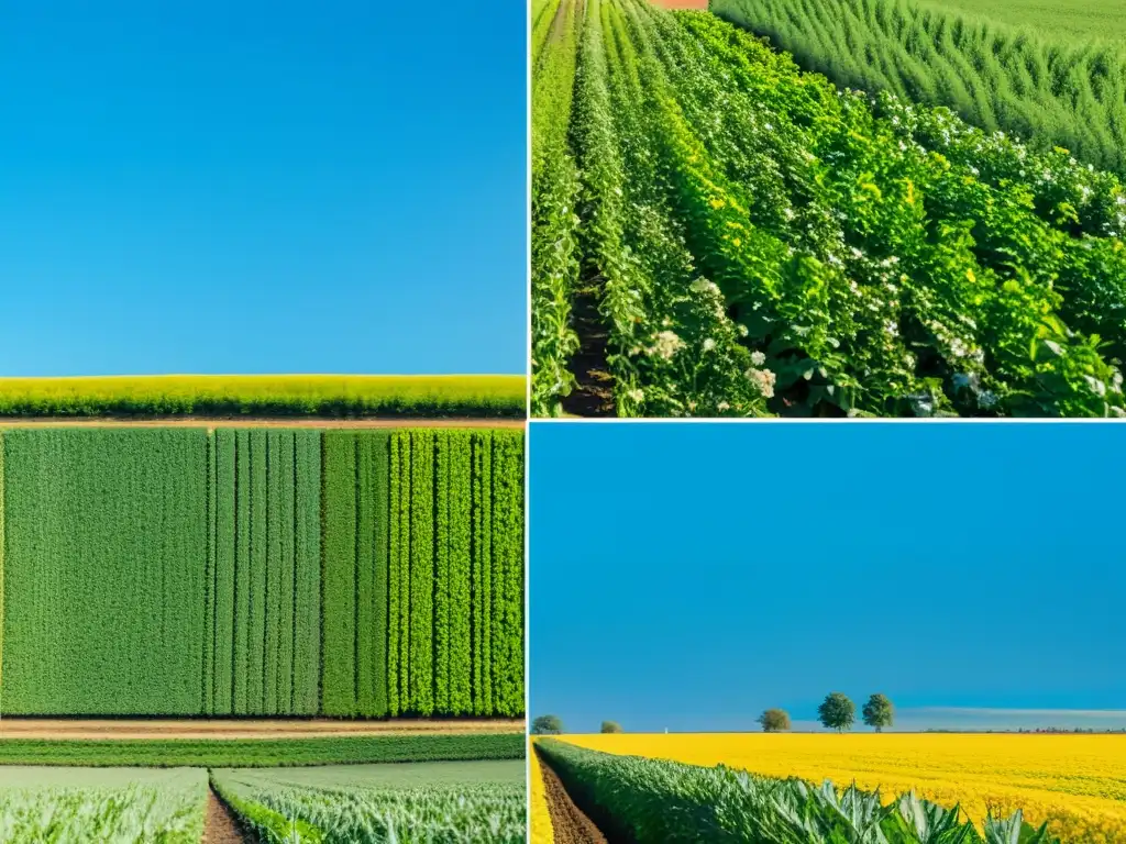 Un campo agrícola exuberante y verde se extiende hacia el horizonte, con cultivos ordenados bajo el cálido sol