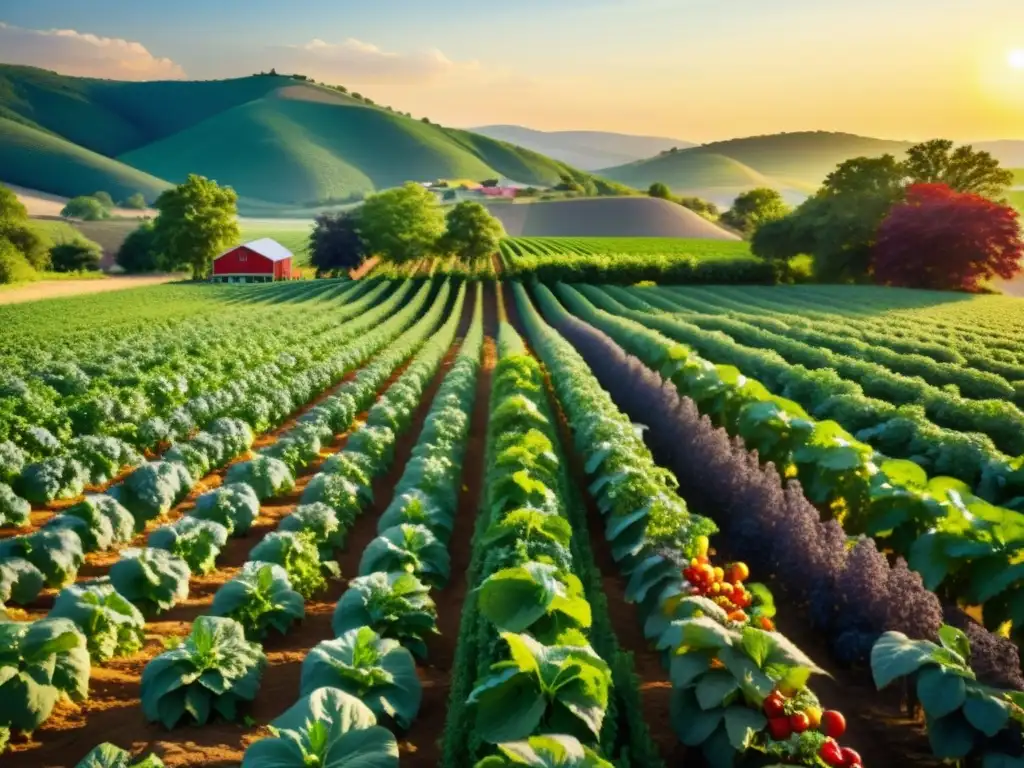 Campo frondoso y vibrante con frutas y vegetales coloridos, bañado por el cálido sol